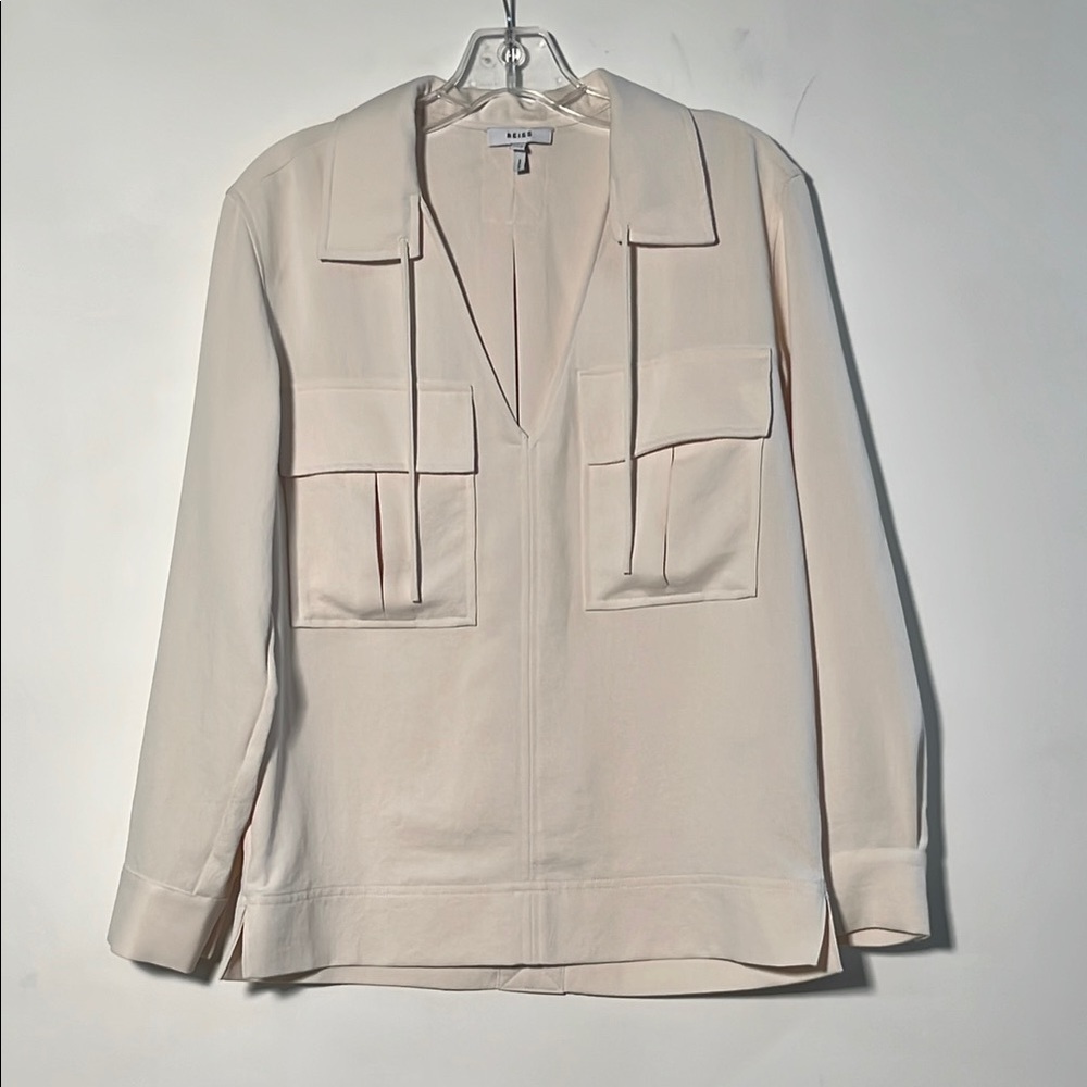 REISS Fleur Twin Pocket V-Neck Back Detail Lagenlook Minimalist Cream Blouse 0 - Picture 3 of 16